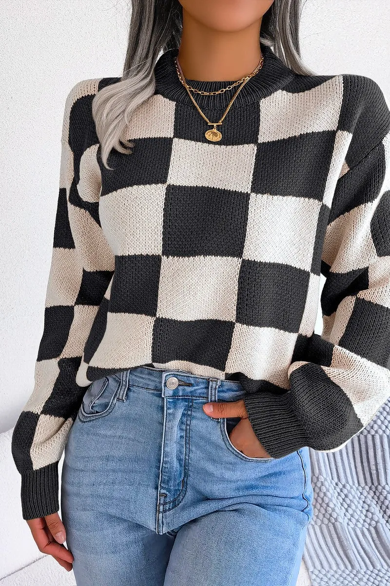 WOMEN PATCHWORK PATTERN LOOSE FIT KNITTED SWEATER MicroPiqueKnit