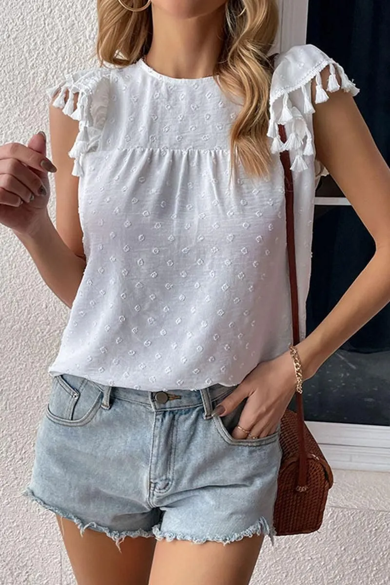 Everyday Top Airflow Ventilation DOT LACE WRINKLED CHEST TASSEL CAP SLEEVE TEE