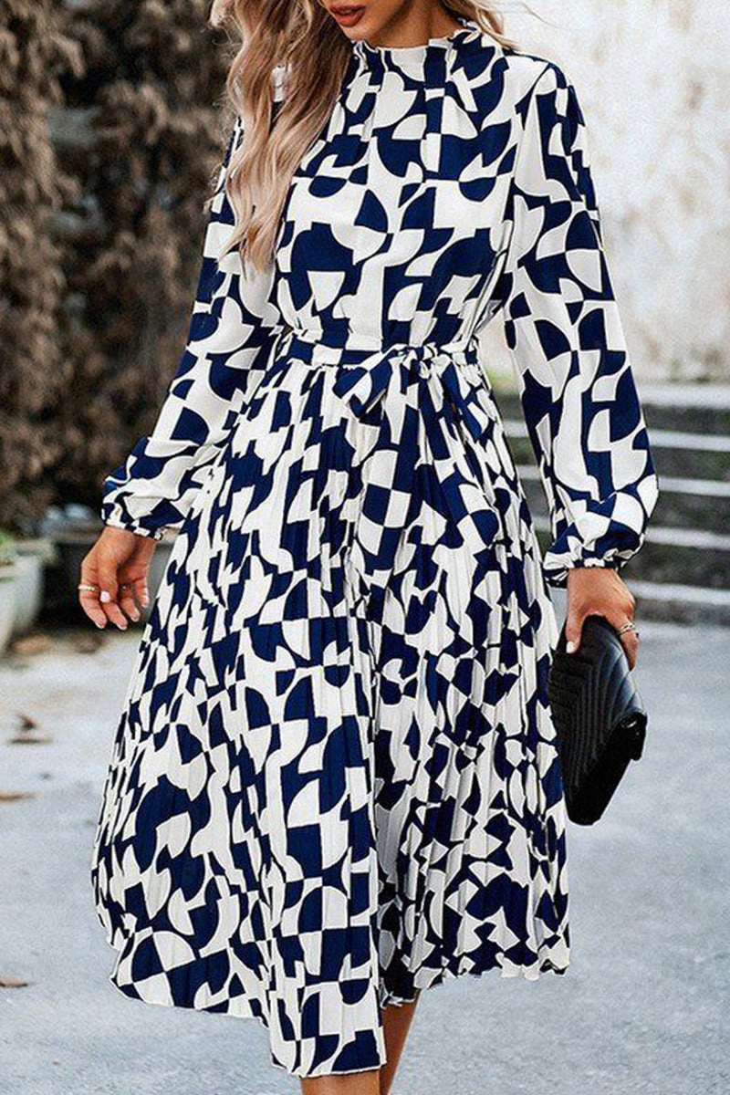 WOMEN RUFFLED HIGH NECK BELTED LONG DRESS Floral-Pattern urban vibe