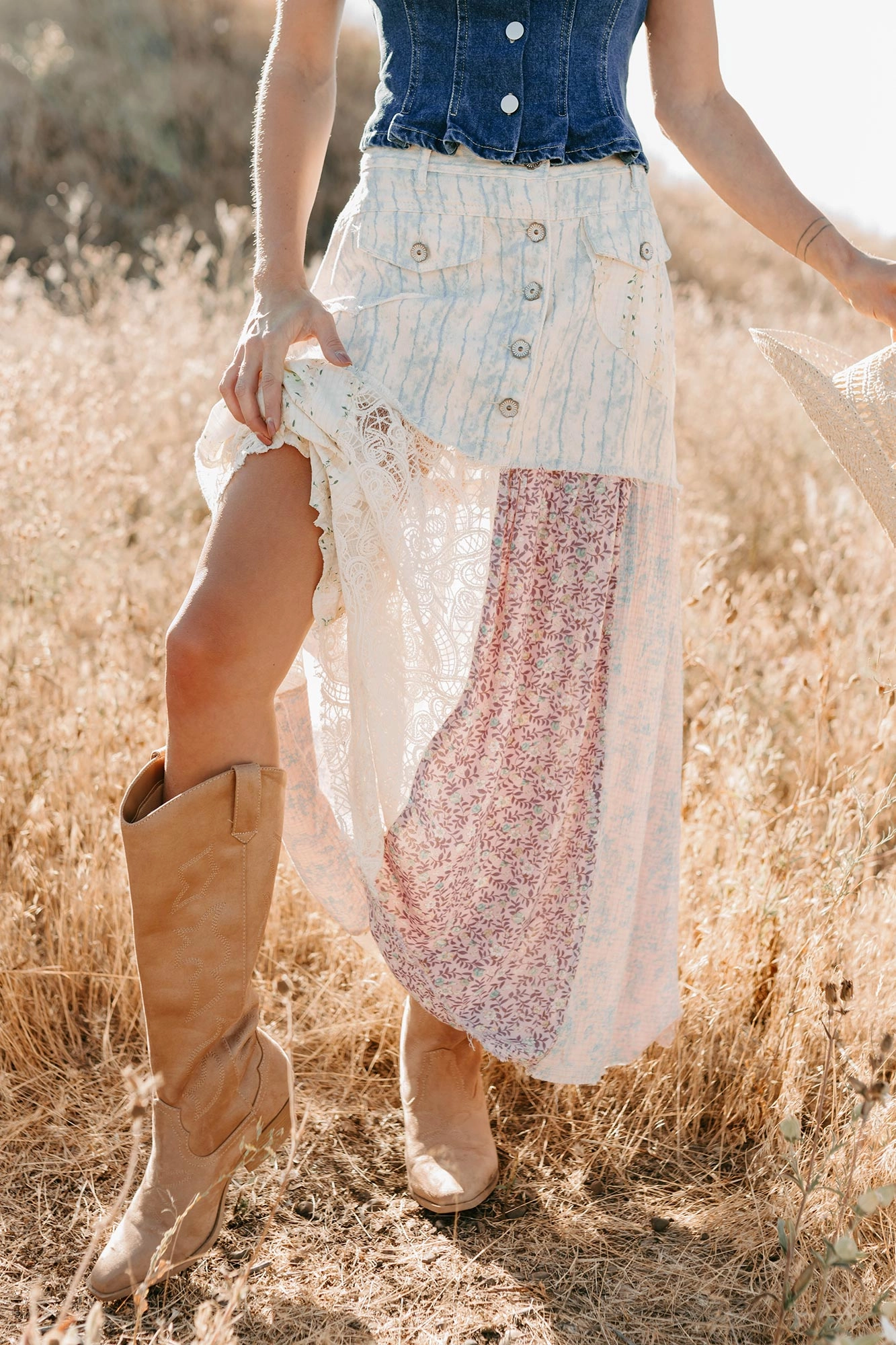 Moonlit Path Patchwork Maxi POL Skirt (Blue/Multi) Day Out Style