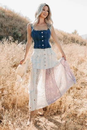 Moonlit Path Patchwork Maxi POL Skirt (Blue/Multi) Slim Smooth