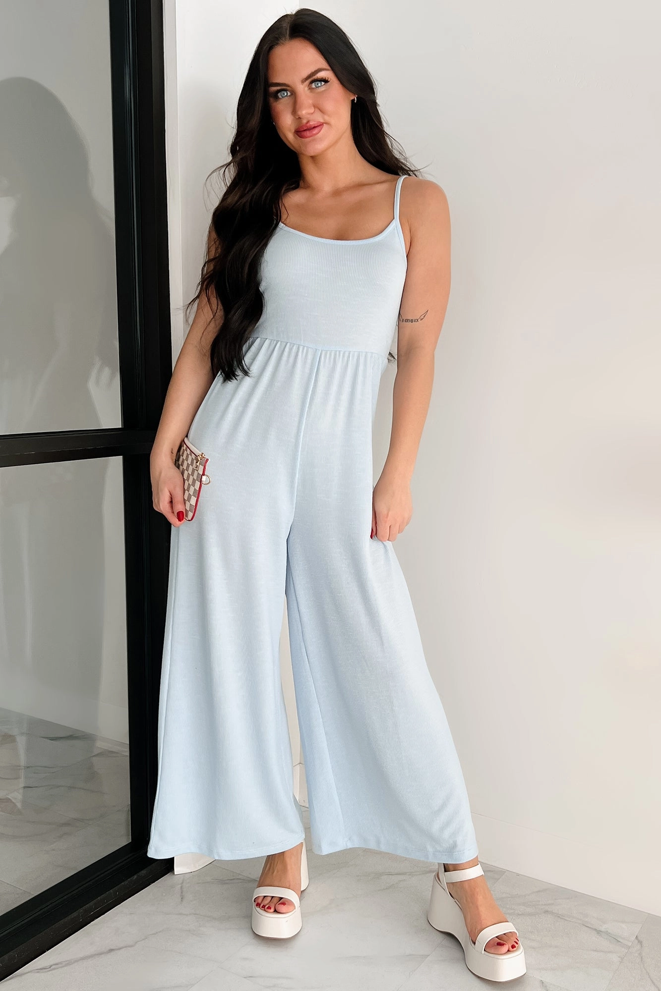 Music Classic Light As Air Ribbed Wide Leg Jumpsuit (Ice Blue)