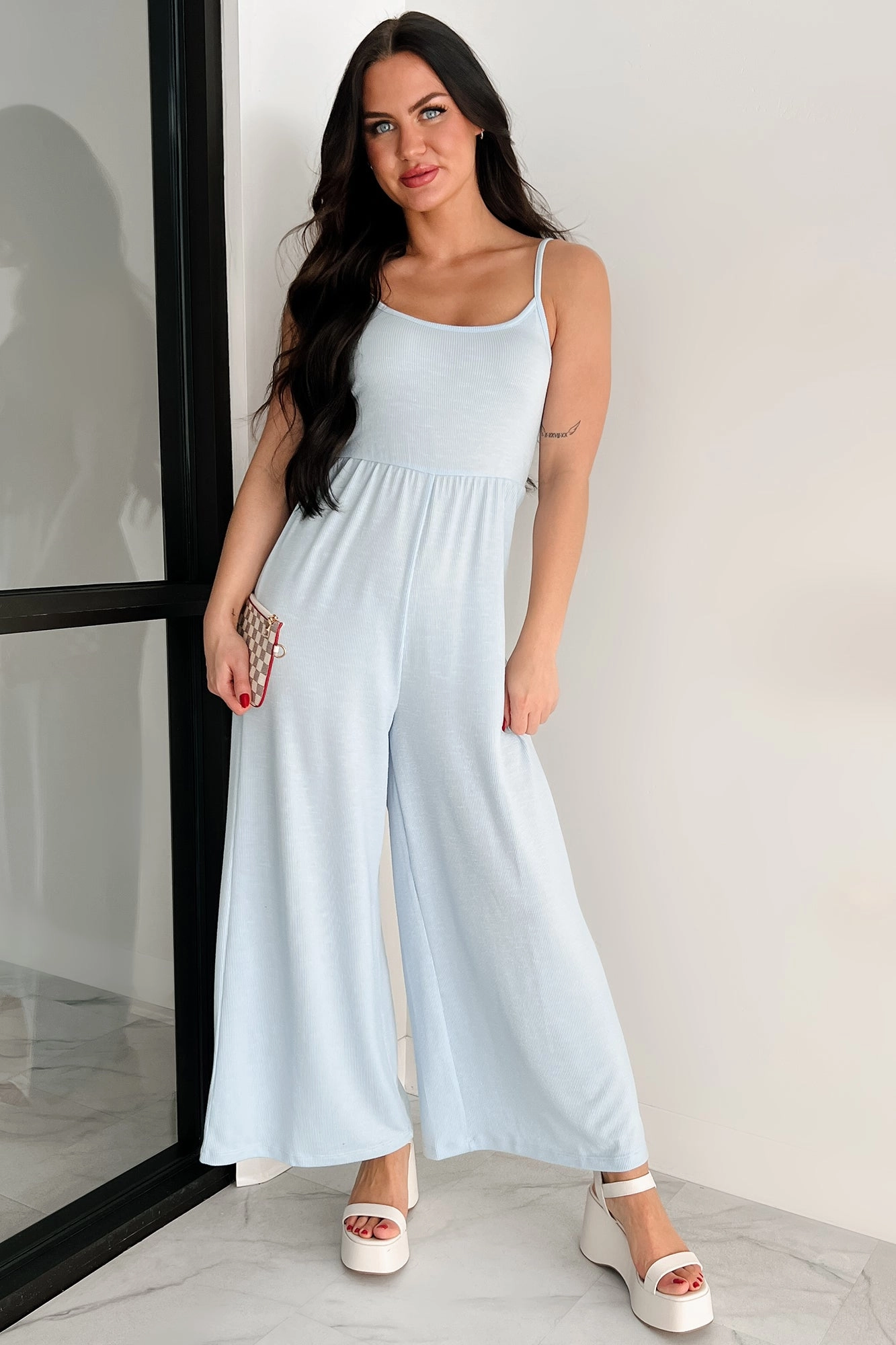 Loose Travel Street Comfy Light As Air Ribbed Wide Leg Jumpsuit (Ice Blue)