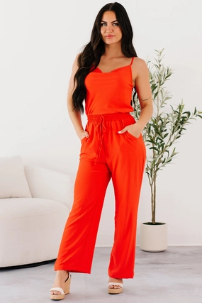 Soft Party Active Urban Vibe Queen Sleeveless Cowl Neck Jumpsuit (Red Coral)