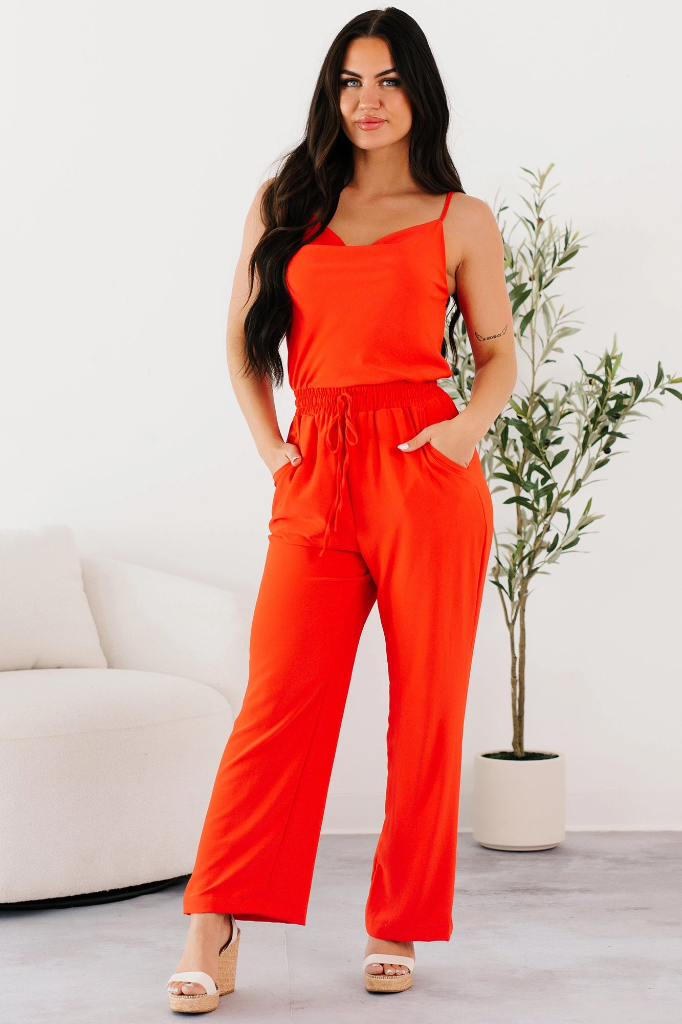 Soft Party Active Urban Vibe Queen Sleeveless Cowl Neck Jumpsuit (Red Coral)