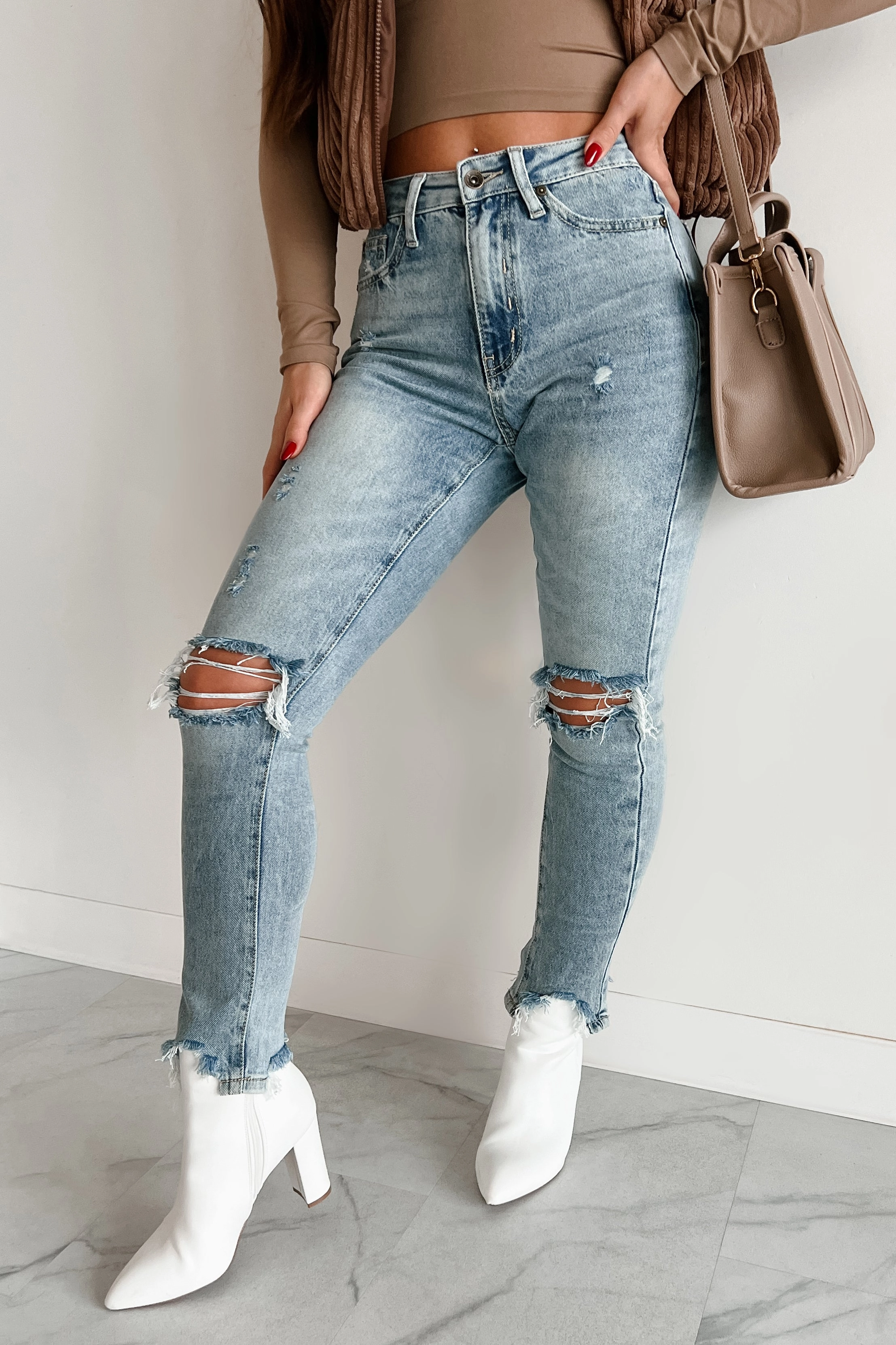 Vince High Rise Distressed Special A Slim Straight Jeans (Medium Light) school outfit Travel Light