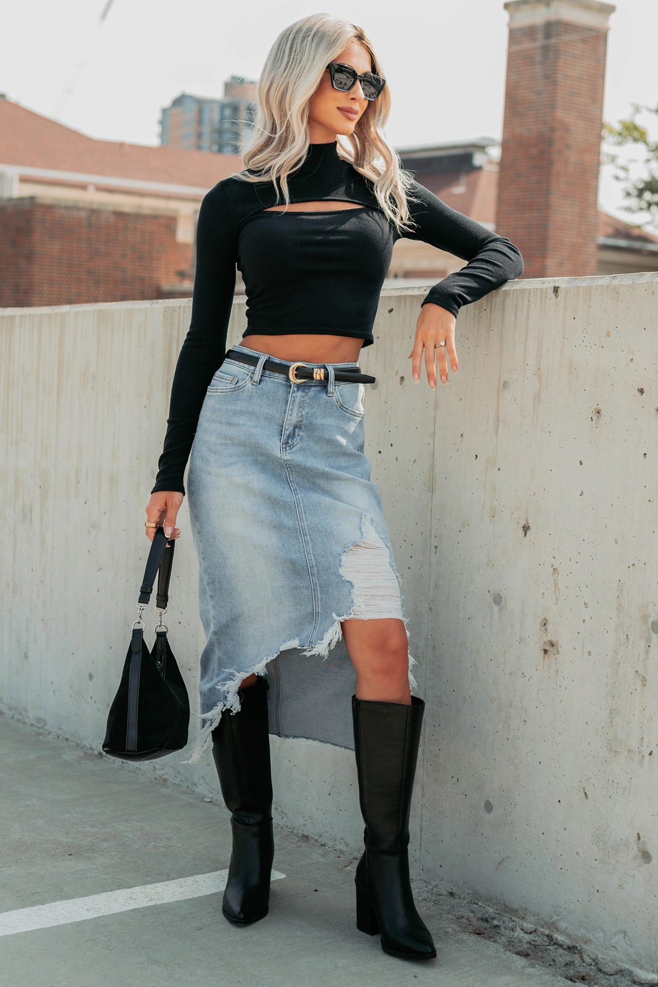 Comfort Stretch Technology Elegant Formal Fearless Energy Distressed Midi Skirt (Wild Blue)