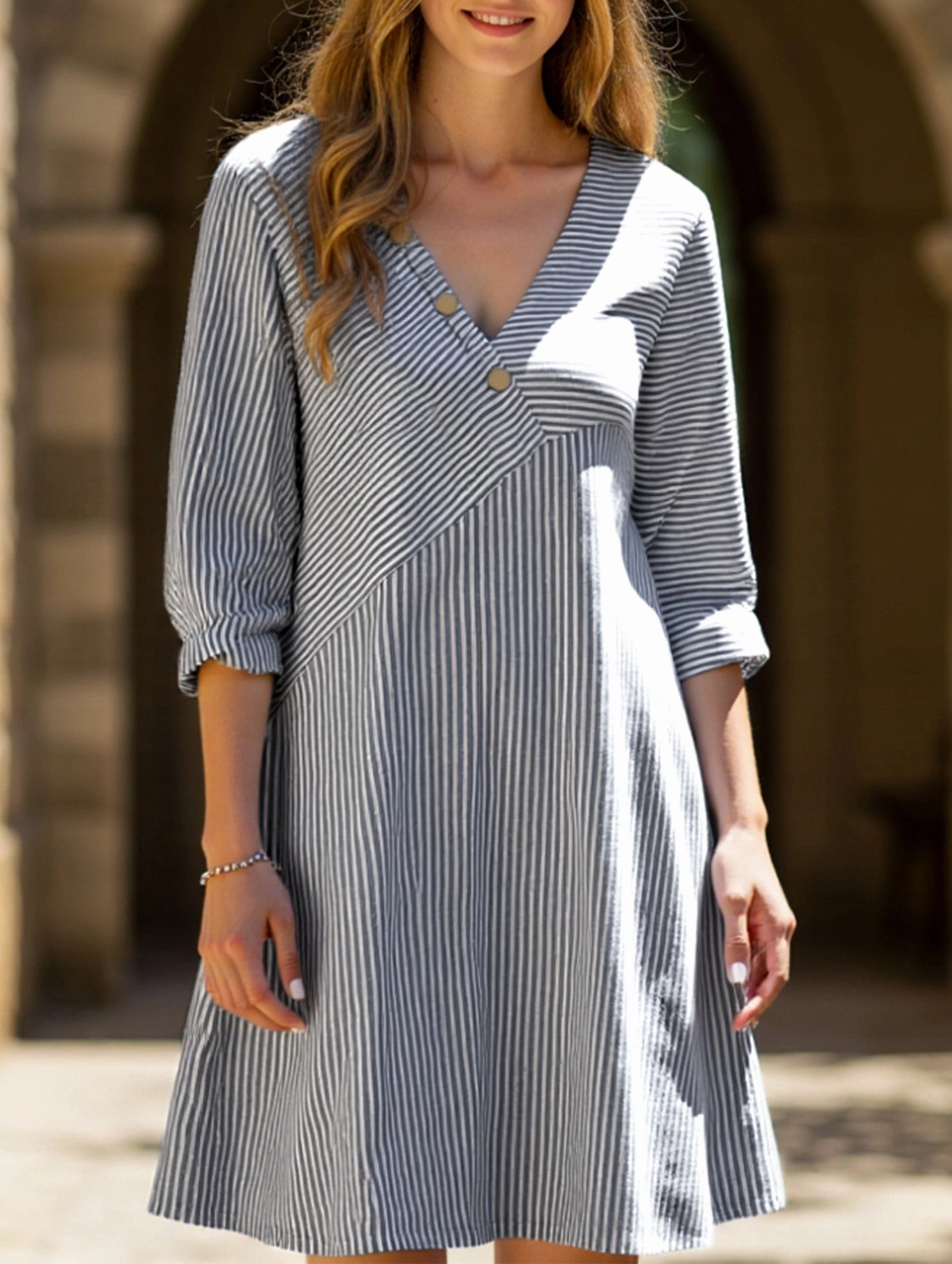 Striped V-neck casual dress Layered Style