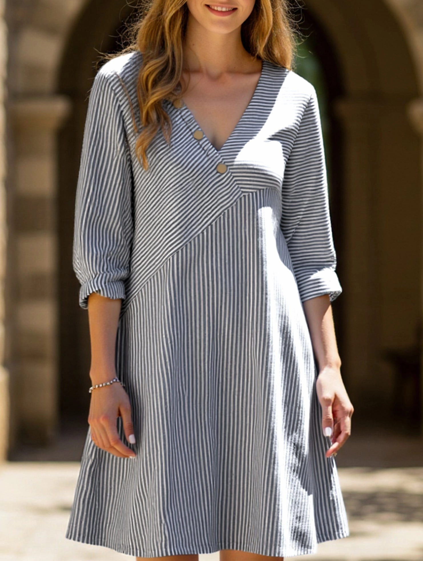 Limited-Edition Striped V-neck casual dress