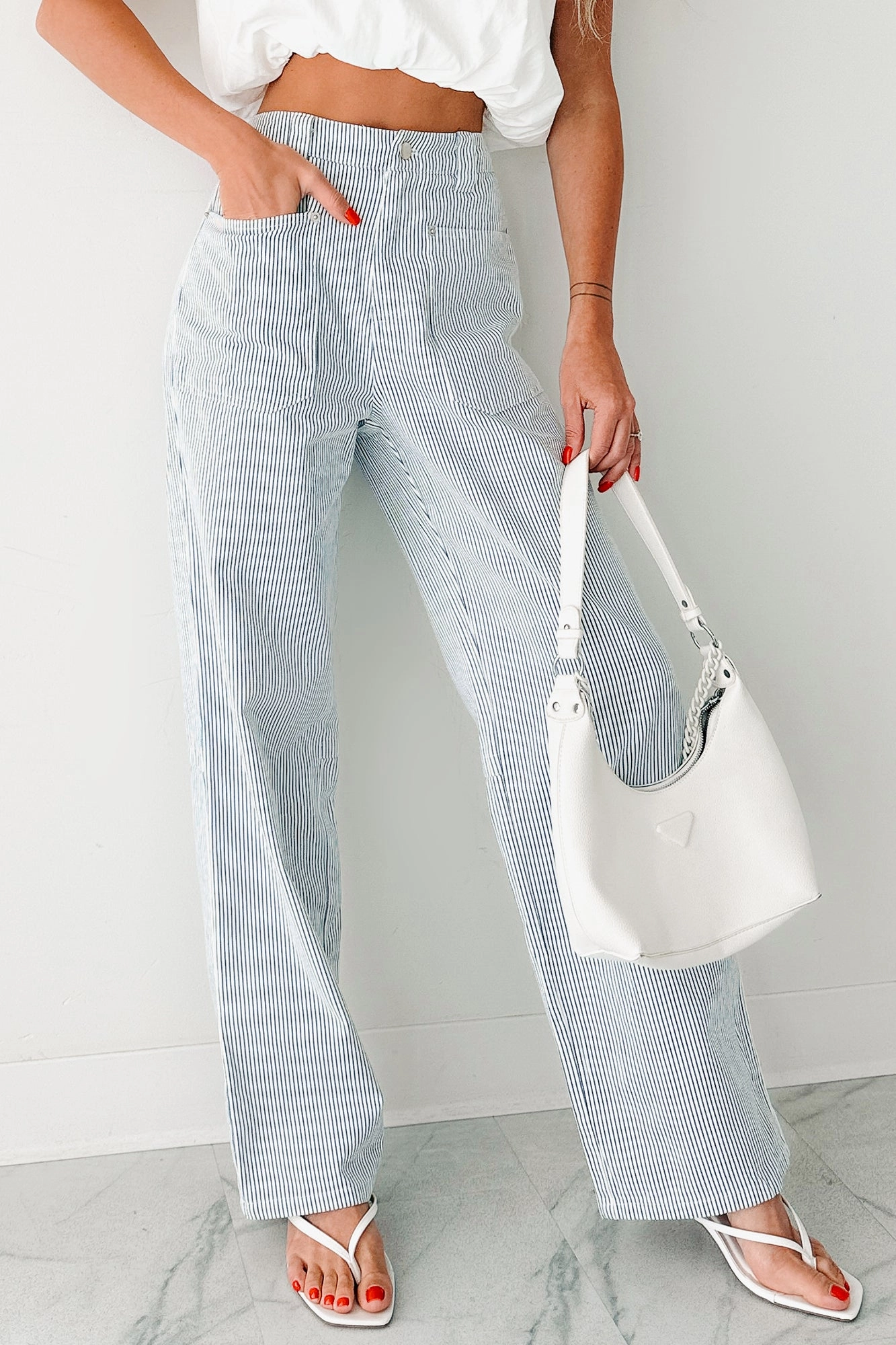 Eco Friendly Fashion Lover Morning Stroll Luxury Textured Bloom Society Pinstripe Straight Leg Pants (Ivory/Blue)