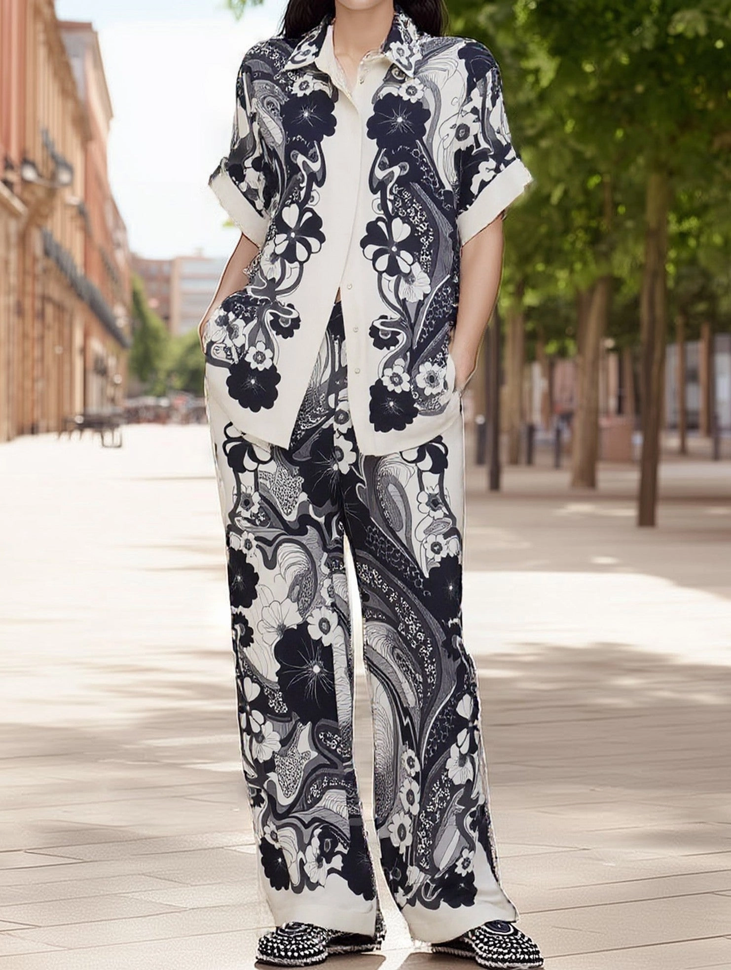 Vintage Print Linen Shirt and Pants Set ??Summer Casual Two-Piece ElasticCuffs