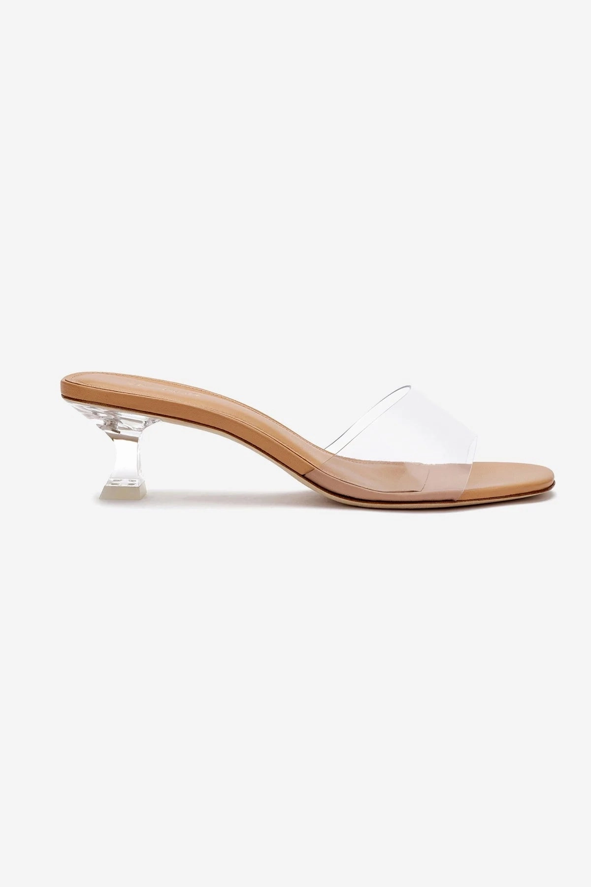 Comfortable Vacation Footwear Urban Stroll Vivi Lucite Mule In Tan Leather and Vinyl