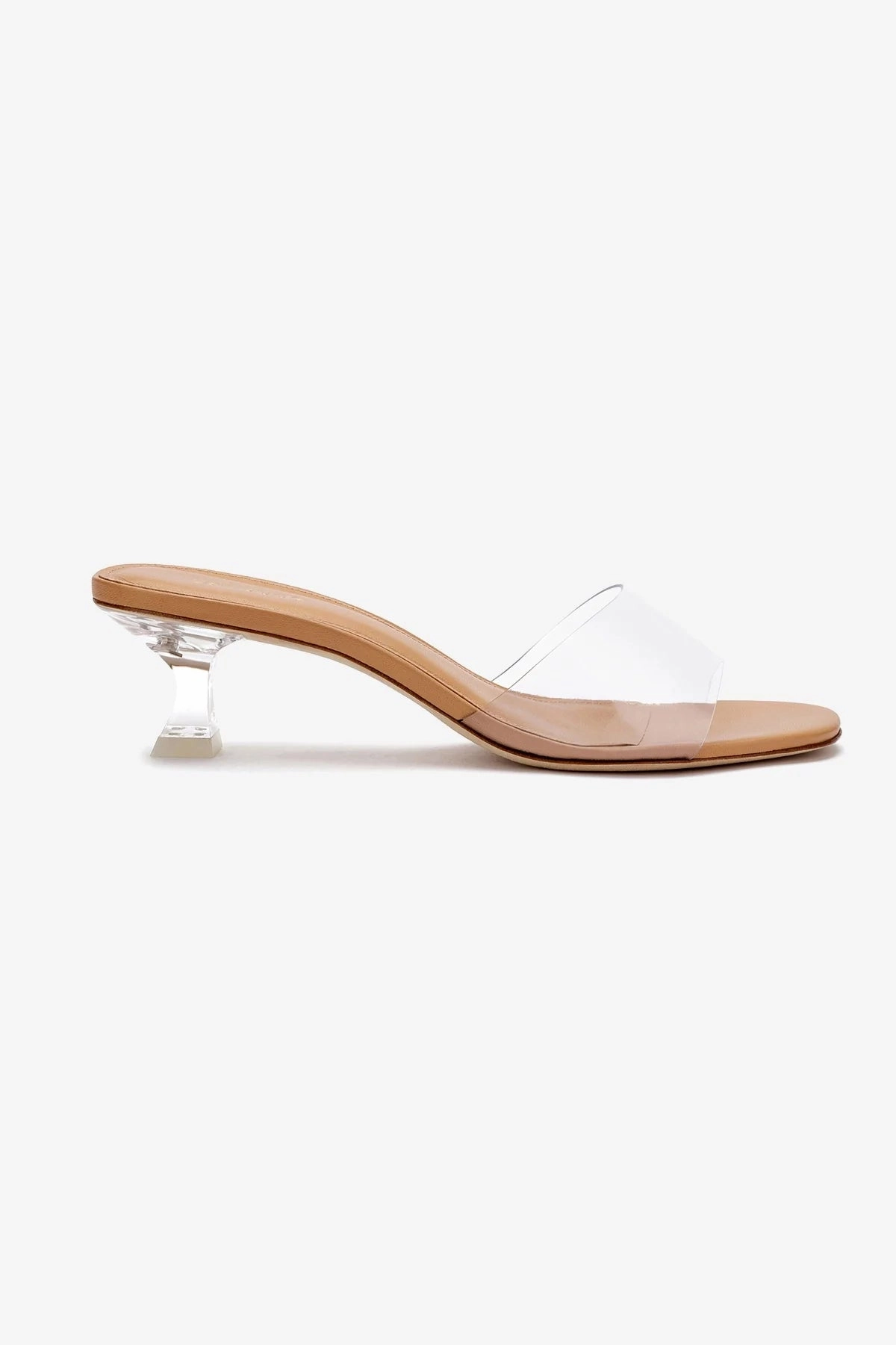 Vivi Lucite Mule In Tan Leather and Vinyl Bacterial Growth Prevention Water Resistant