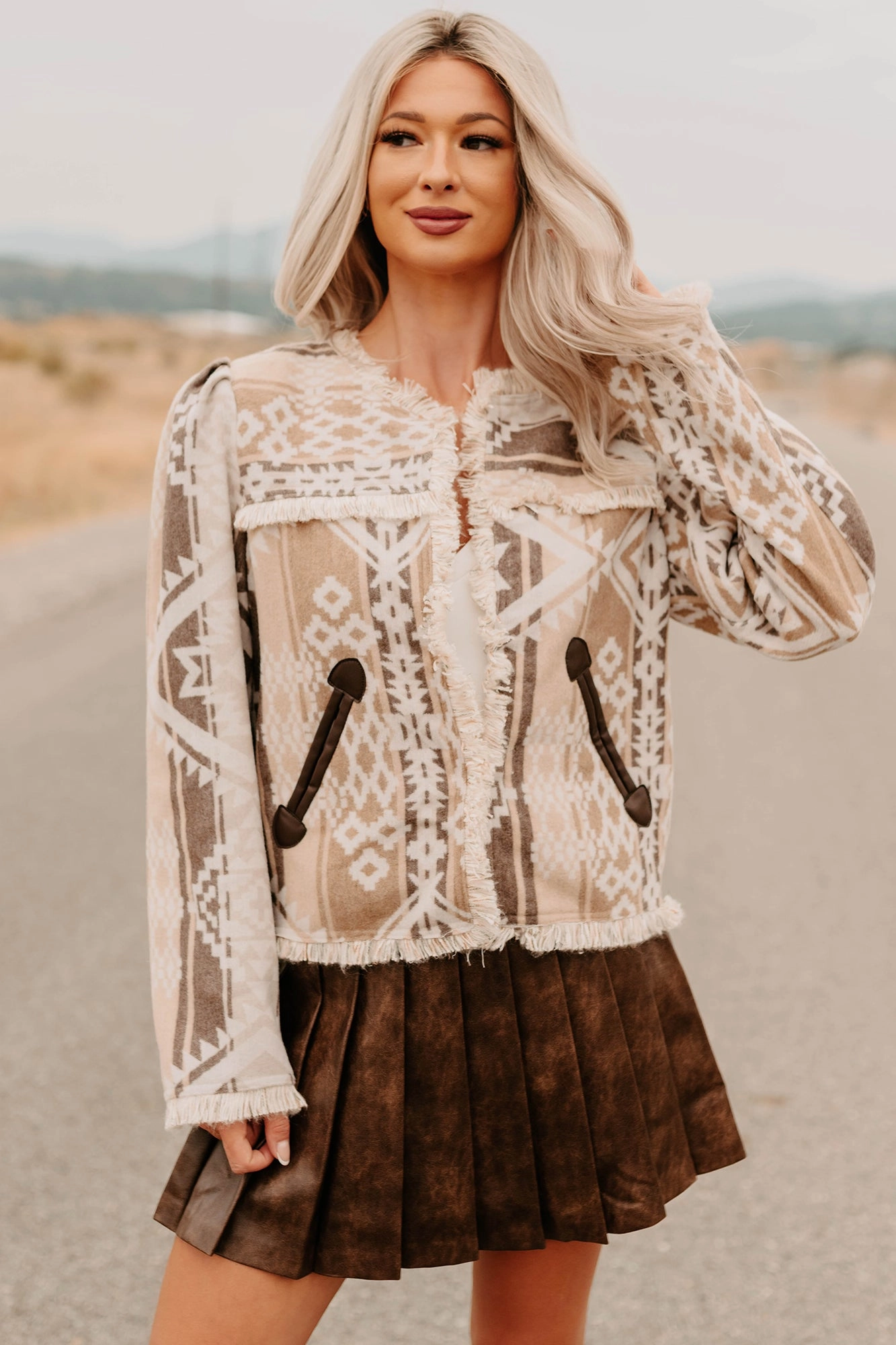 Wander Hour Aztec Style Frayed Jacket (Latte) Comfort Fit Cut