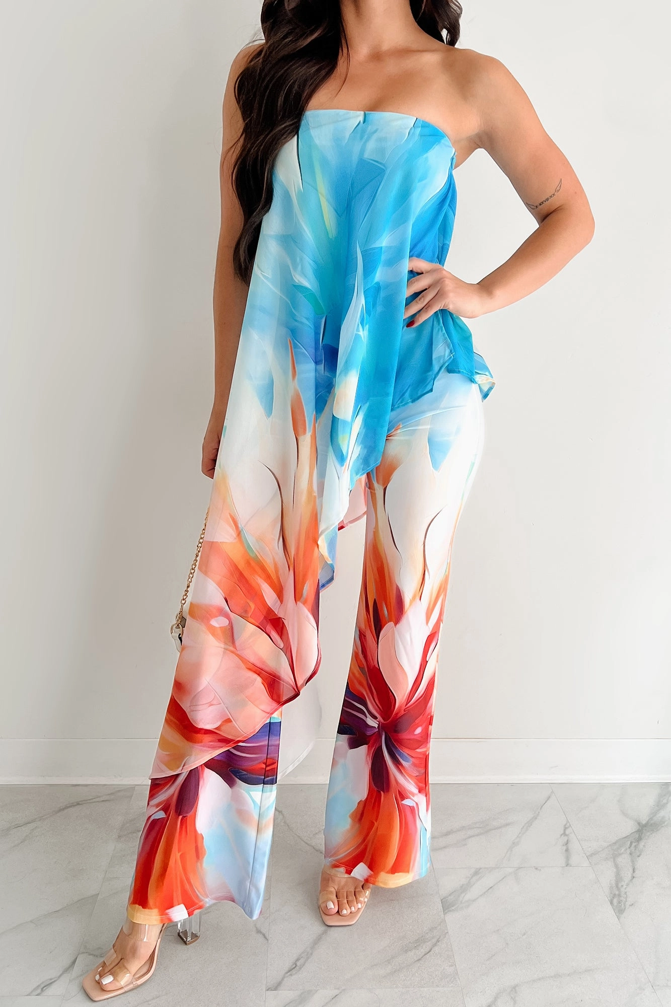 Shopping Date Flexible Bold Wander Wildly Strapless Flowy Jumpsuit (Blue/Multi)