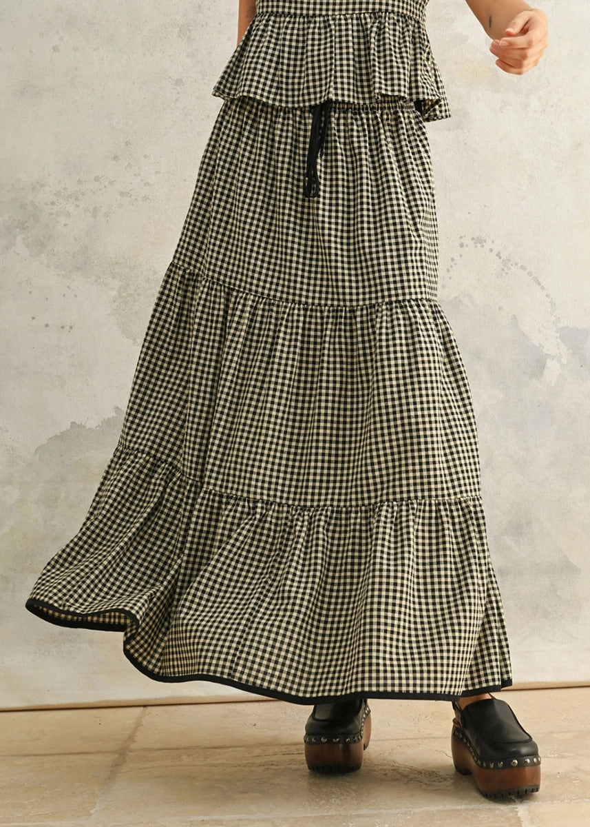 luxe feel Helen Gingham Tiered Skirt - Black