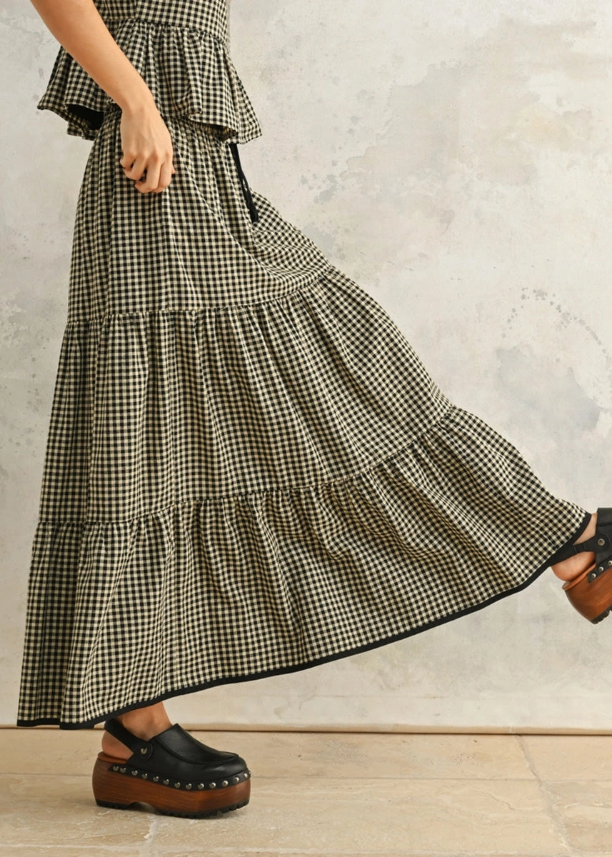 Chilly Day Layers Non Irritating Helen Gingham Tiered Skirt - Black