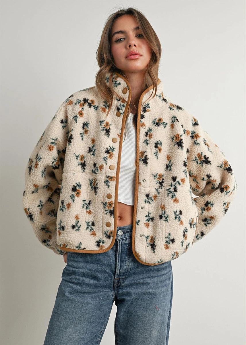 Willow Floral Fleece Jacket - Cream & Khaki Eco Dye Process Strong Zip