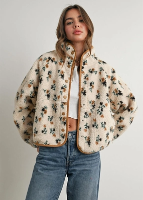 Willow Floral Fleece Jacket - Cream & Khaki Eco Dye Process Strong Zip