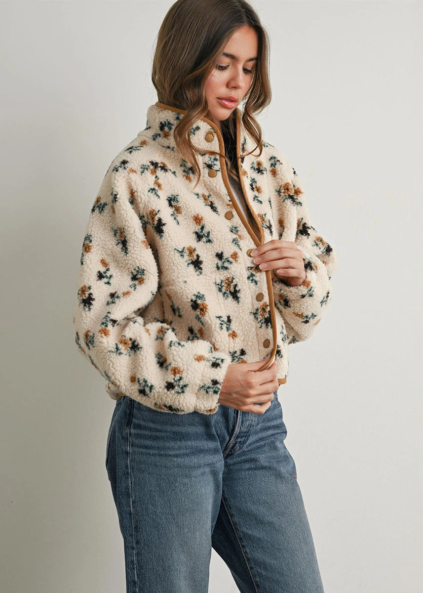 Travel Commuter Layer Willow Floral Fleece Jacket - Cream & Khaki