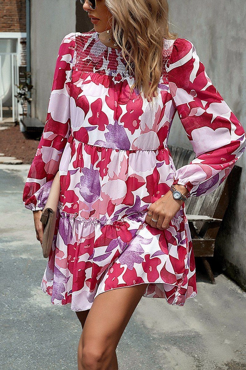 WOMEN SMOCKED NECK FLORAL LONG SLEEVE MINI DRESS Inner Smile