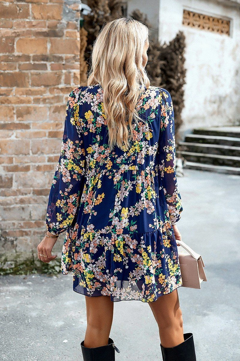 Free Step WOMEN SMOCKED NECK FLORAL LONG SLEEVE MINI DRESS