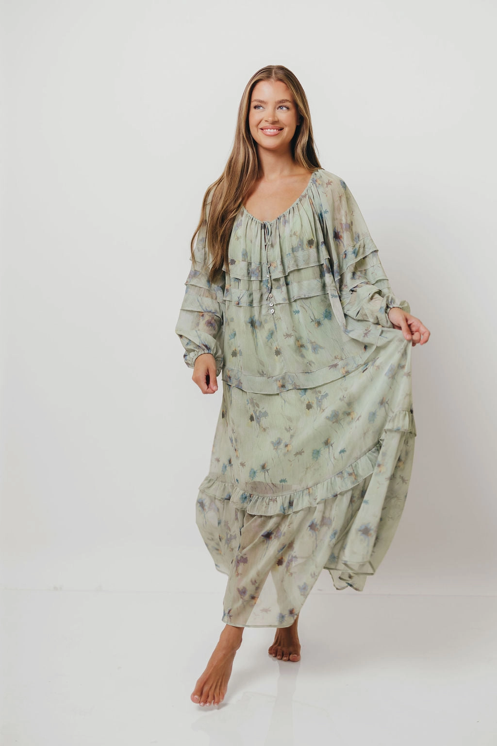 Wildwood Ruffled Maxi Dress in Sage Multi Comfortable and Fashionable