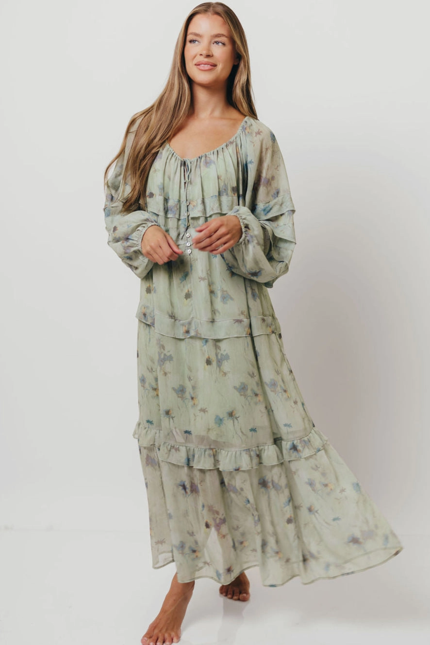 Relaxed Layers Wildwood Ruffled Maxi Dress in Sage Multi