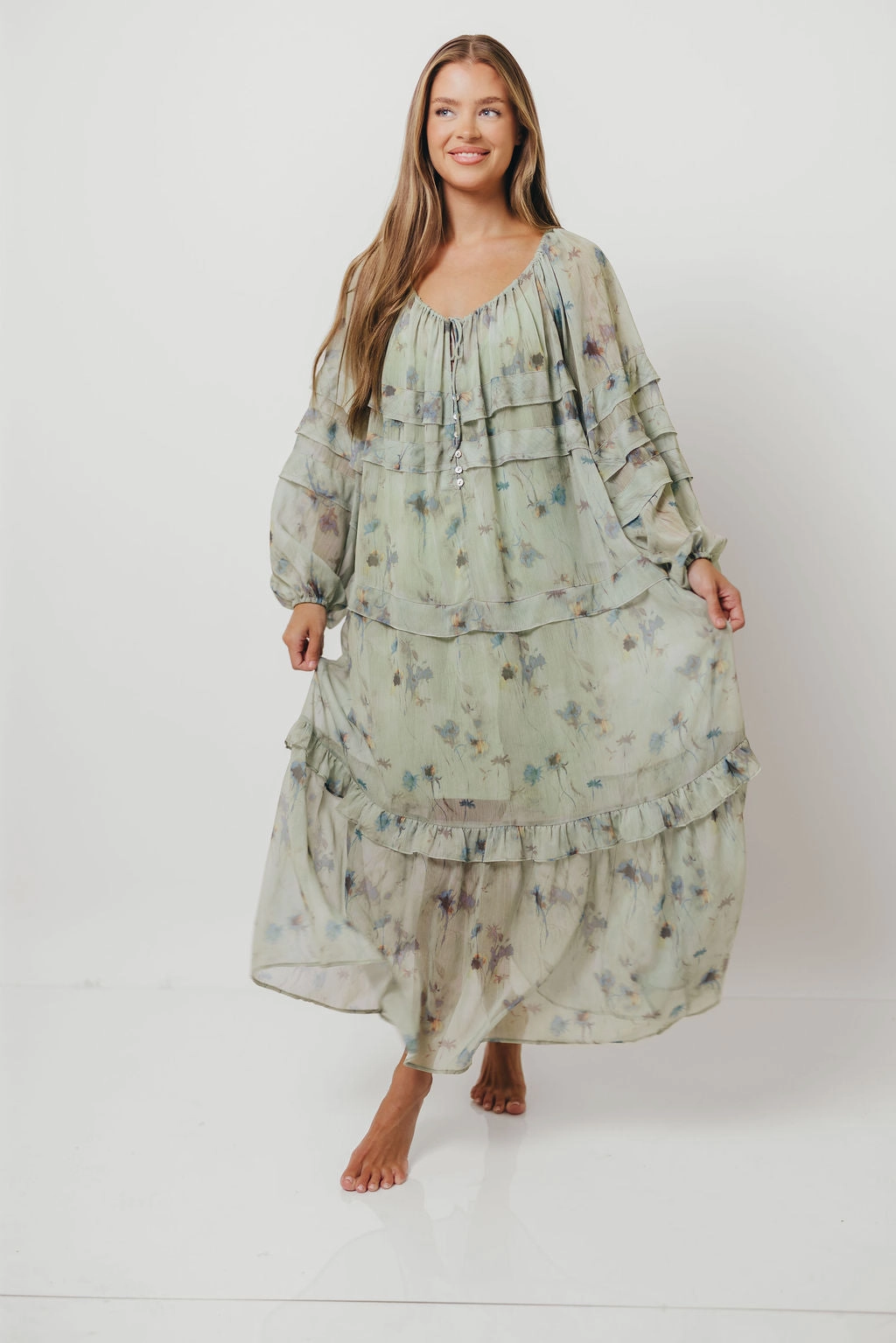 Wildwood Ruffled Maxi Dress in Sage Multi Chill Design Sophisticated Design