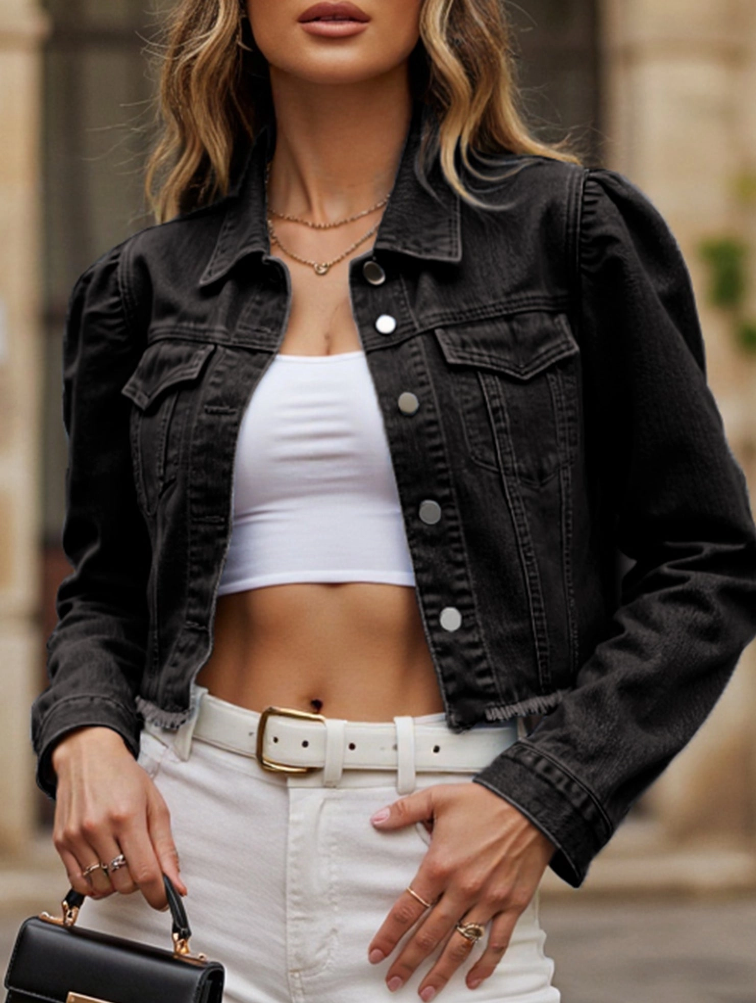 Washed casual raw-edge cropped denim jacket Soft Shell Material