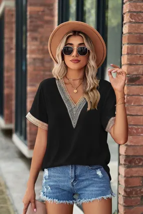 GOLD LACE POINT V NECK CHIFFON BLOUSE Bonded Seam Tape