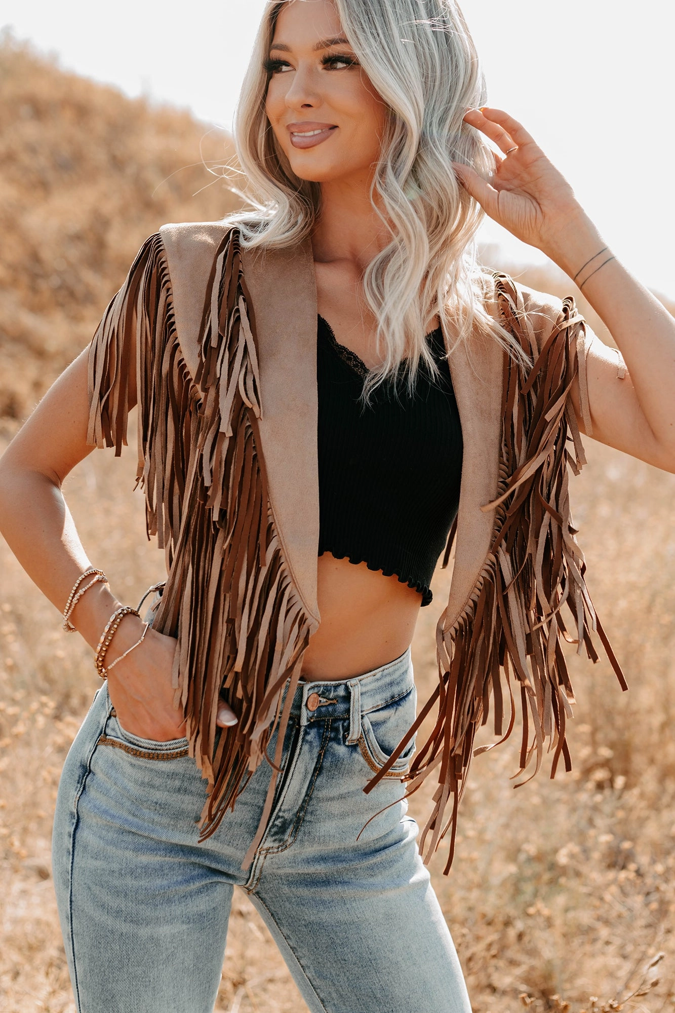 Midnight Range Faux Suede Collared Fringe Shawl (Tan) Layer Essential Piece Go To Layer