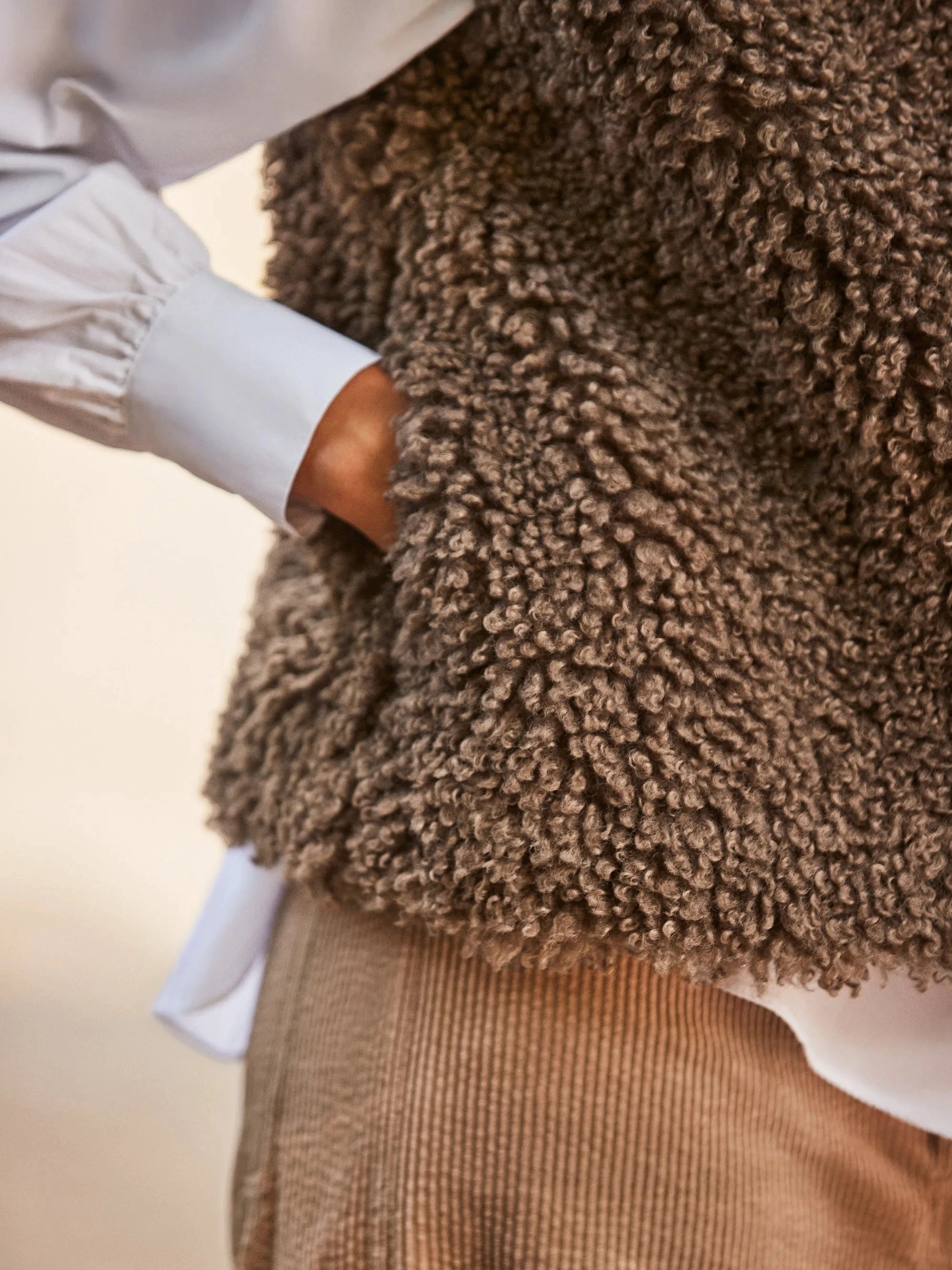 Brown Faux Shearling Gilet Convertible Style Roll Up Hood