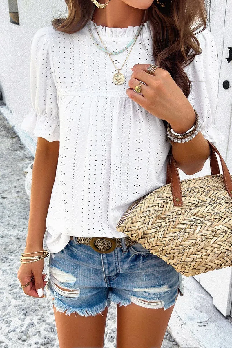 CASUAL SOLID COLOR SHORT SLEEVED CUT OUT TOP_CWTSTS0317 Antimicrobial Treatment