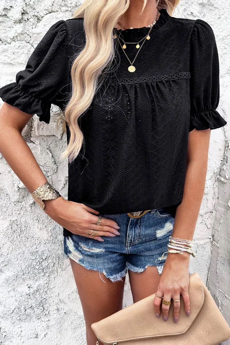 CASUAL SOLID COLOR SHORT SLEEVED CUT OUT TOP_CWTSTS0317 Non Fading Material Ultra Soft Blended Textile