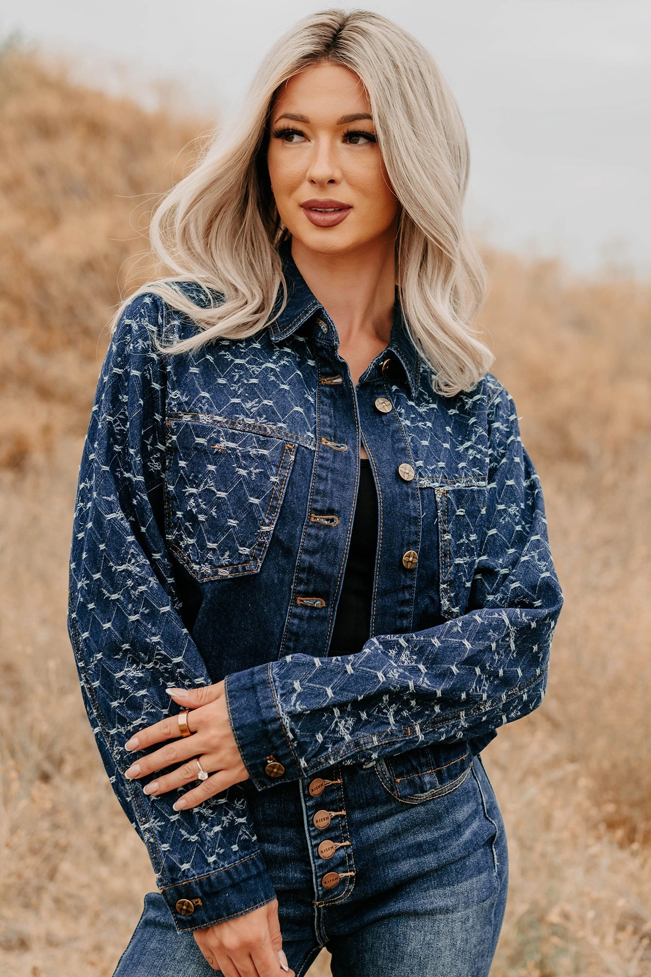 Flexible Layer Shelf Say Less Do More Patterned Denim Jacket (Dark)