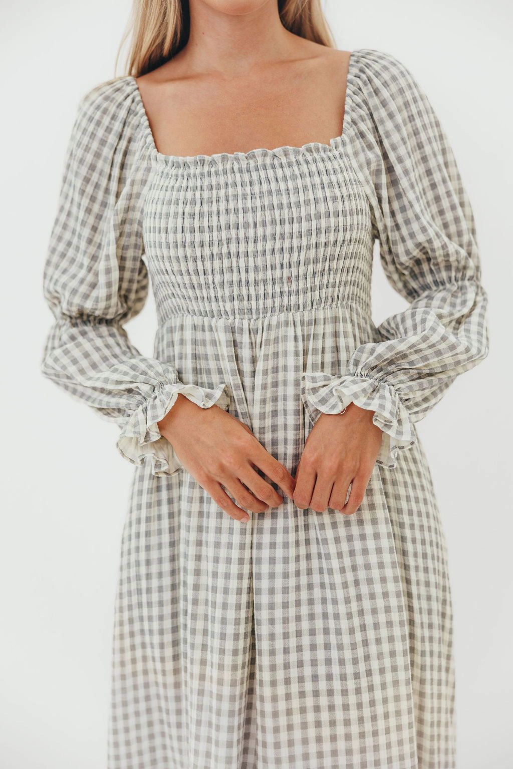 Street Mood Emerson 100% Cotton Smocked Maxi Dress with Long Sleeves in Gray Sky - Bump Friendly - Restocking in Nov