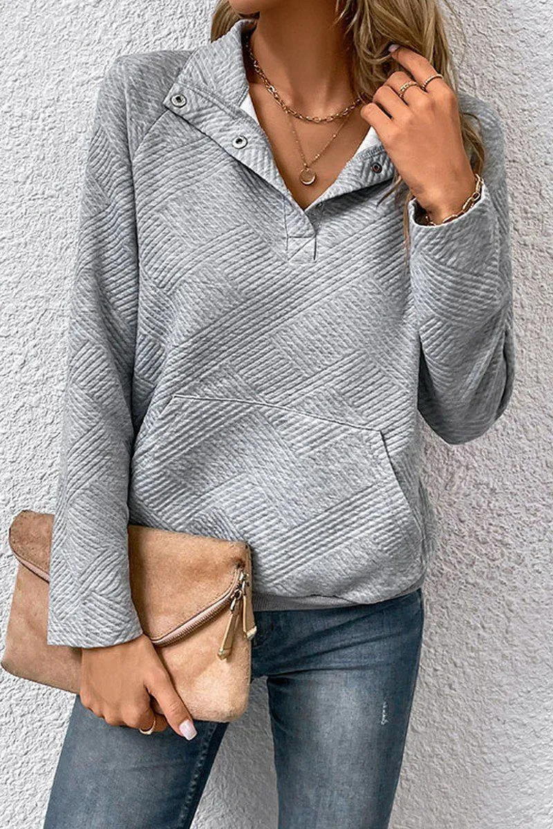 WOMEN BUTTON NECK KANGAROO POCKET PULLOVER FlexibleNeckline