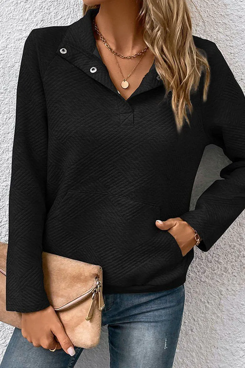 WOMEN BUTTON NECK KANGAROO POCKET PULLOVER Easy Care Material