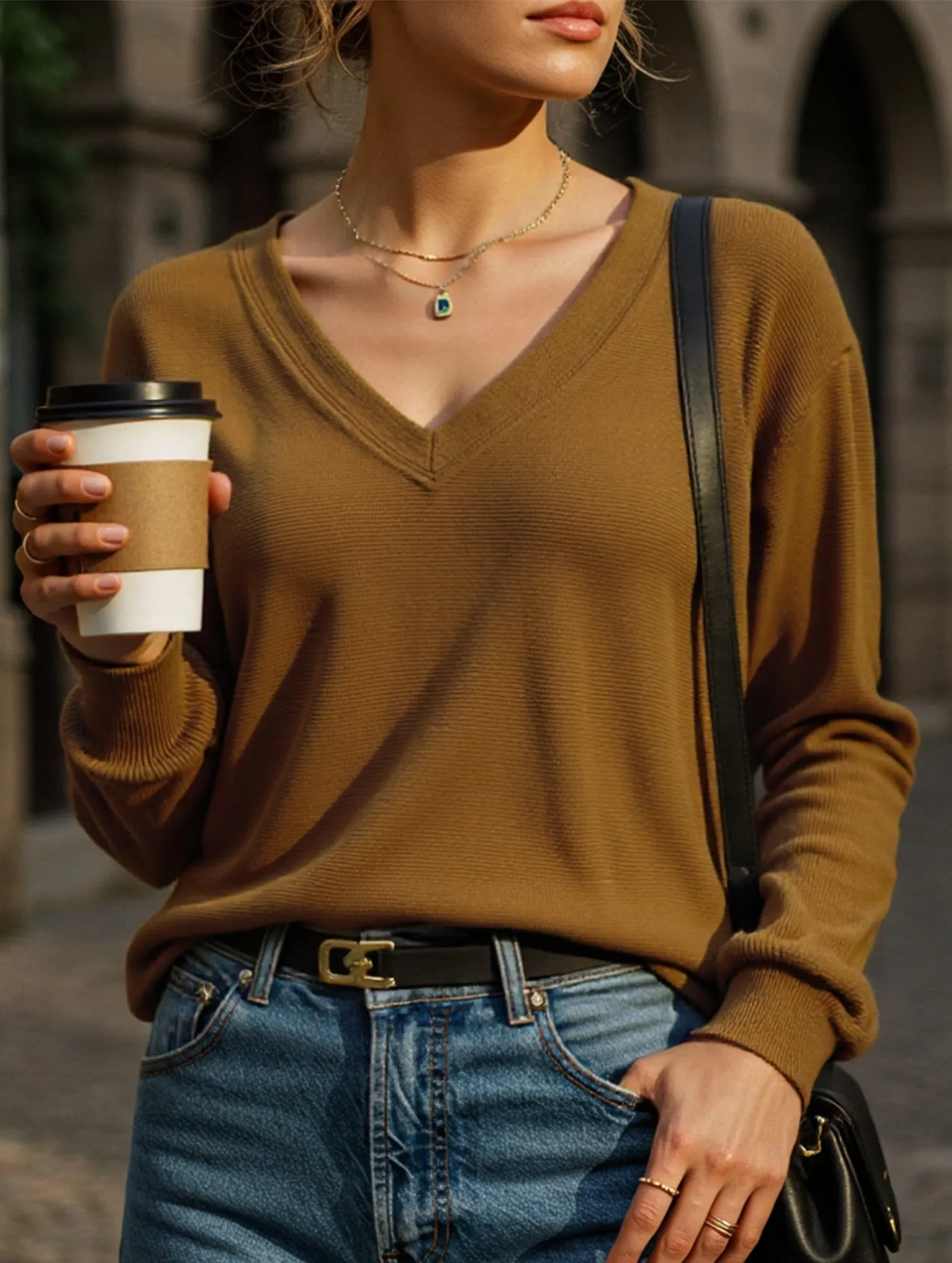 Cozy Fitting Casual Waffle V-Neck Solid Color Long-Sleeve T-Shirt