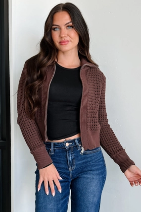 Weekend Look elastic waistband Whispered Words Zip-Up Sweater Jacket (Chocolate)
