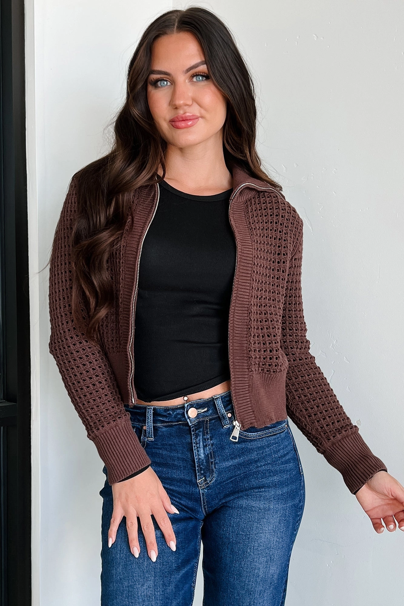 Whispered Words Zip-Up Sweater Jacket (Chocolate) Document Full Length Front Zipper