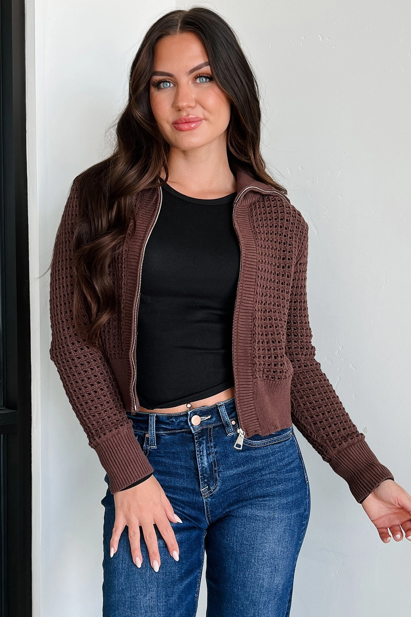 Snap Closures Whispered Words Zip-Up Sweater Jacket (Chocolate)