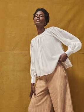 Built In Filter Layer White Gathered Button-Cuff Blouse