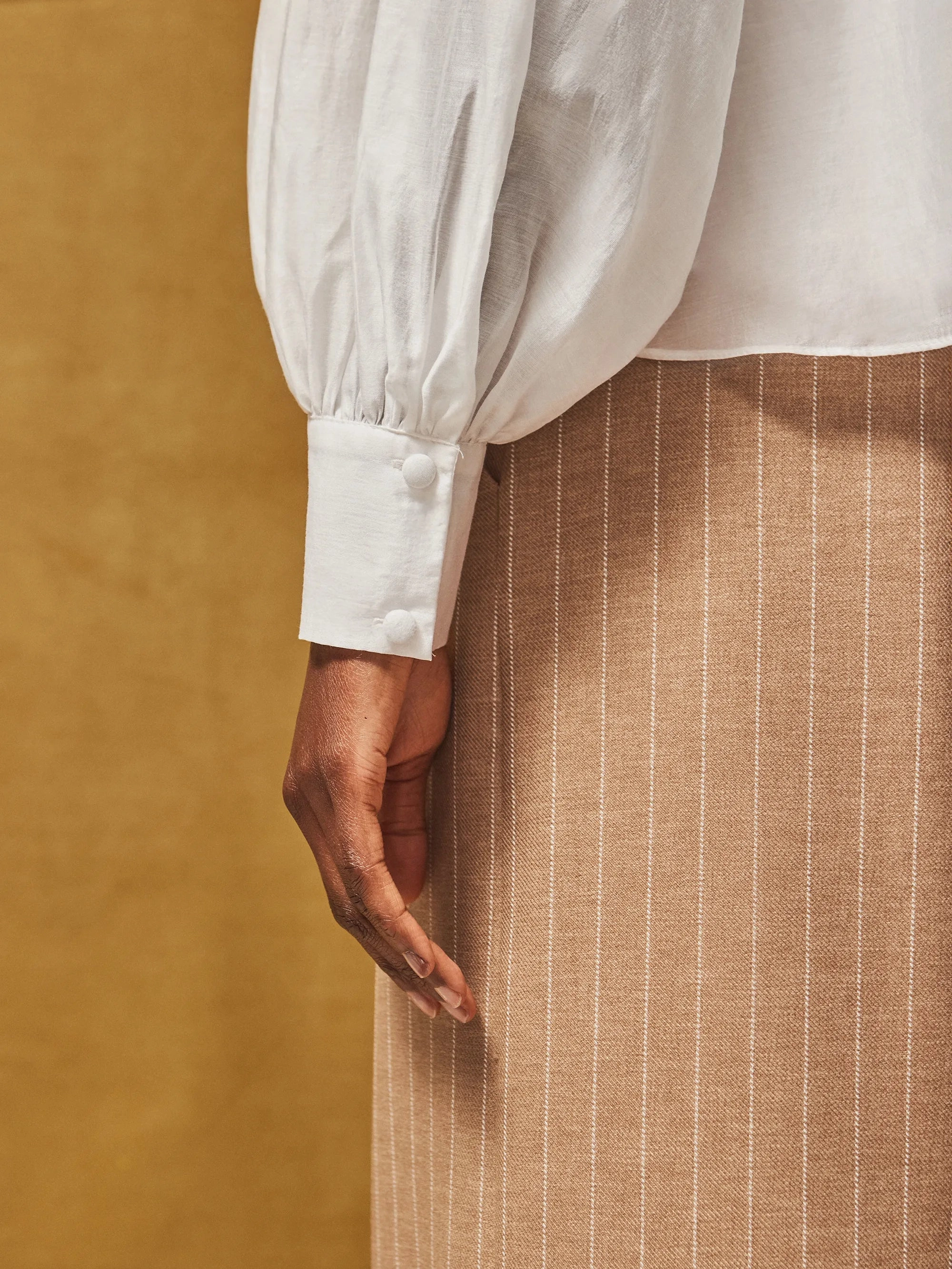 White Gathered Button-Cuff Blouse Erasable Surface Coating