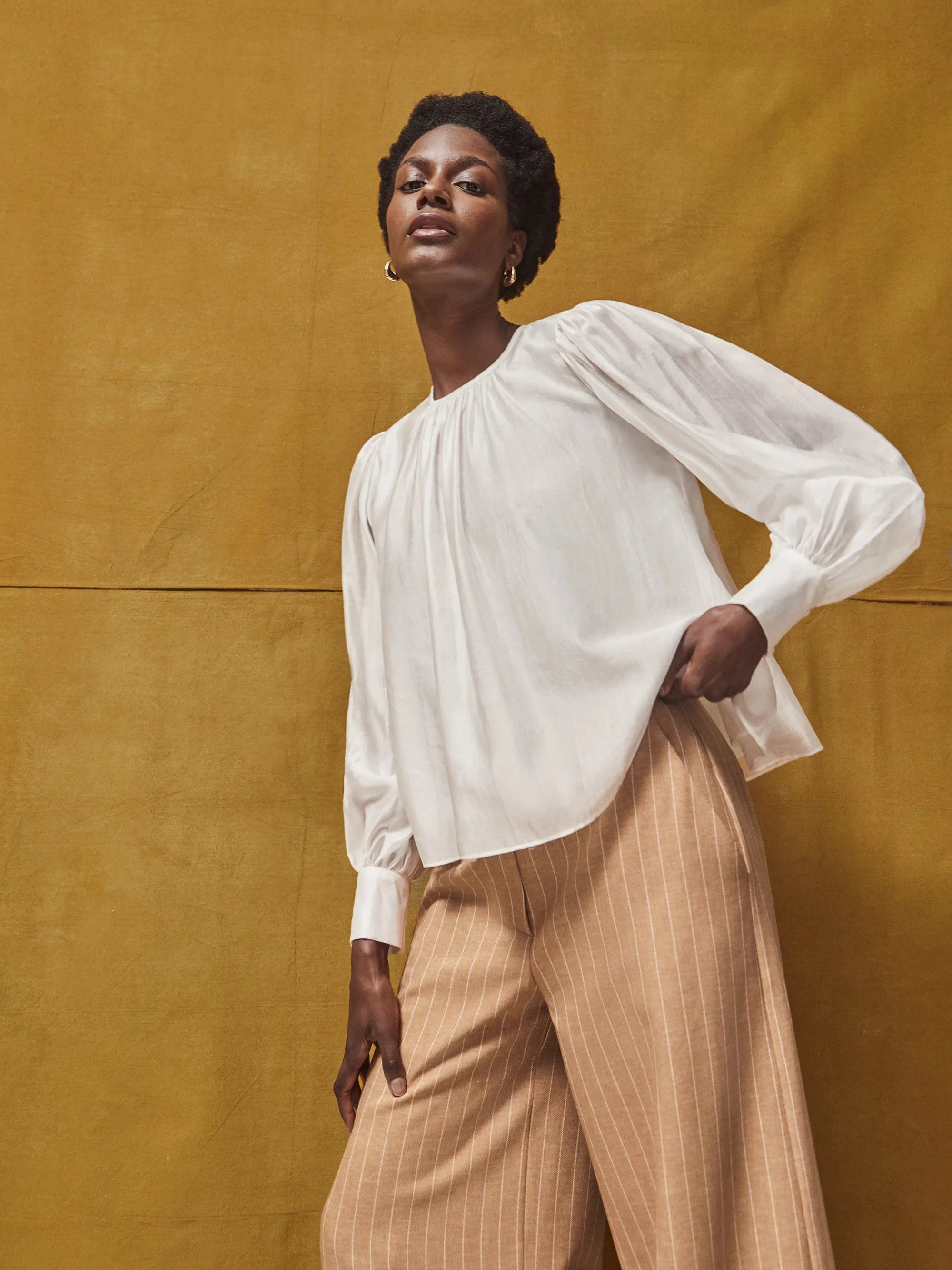 Built In Filter Layer White Gathered Button-Cuff Blouse