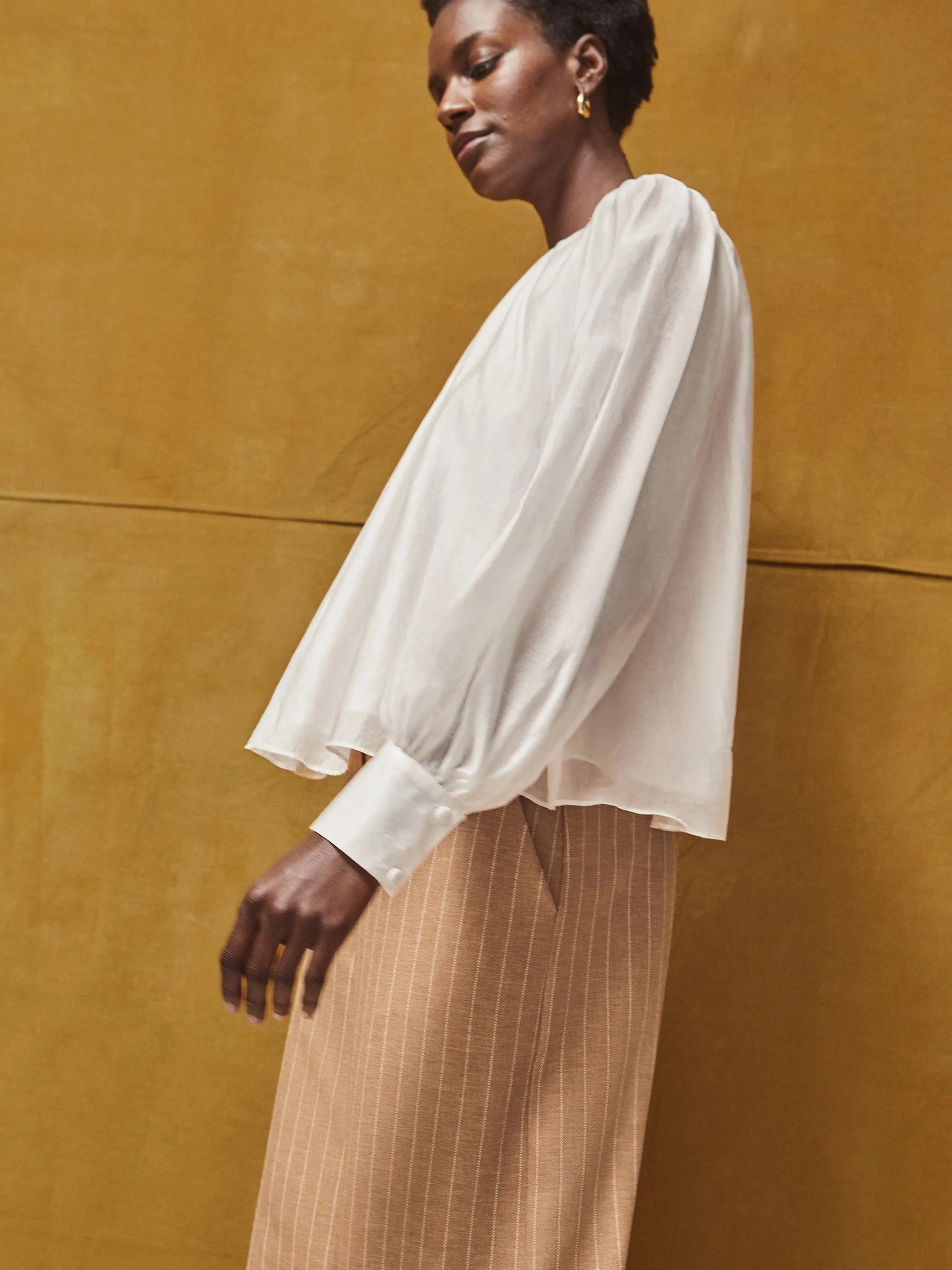 White Gathered Button-Cuff Blouse MinimalistSilhouette