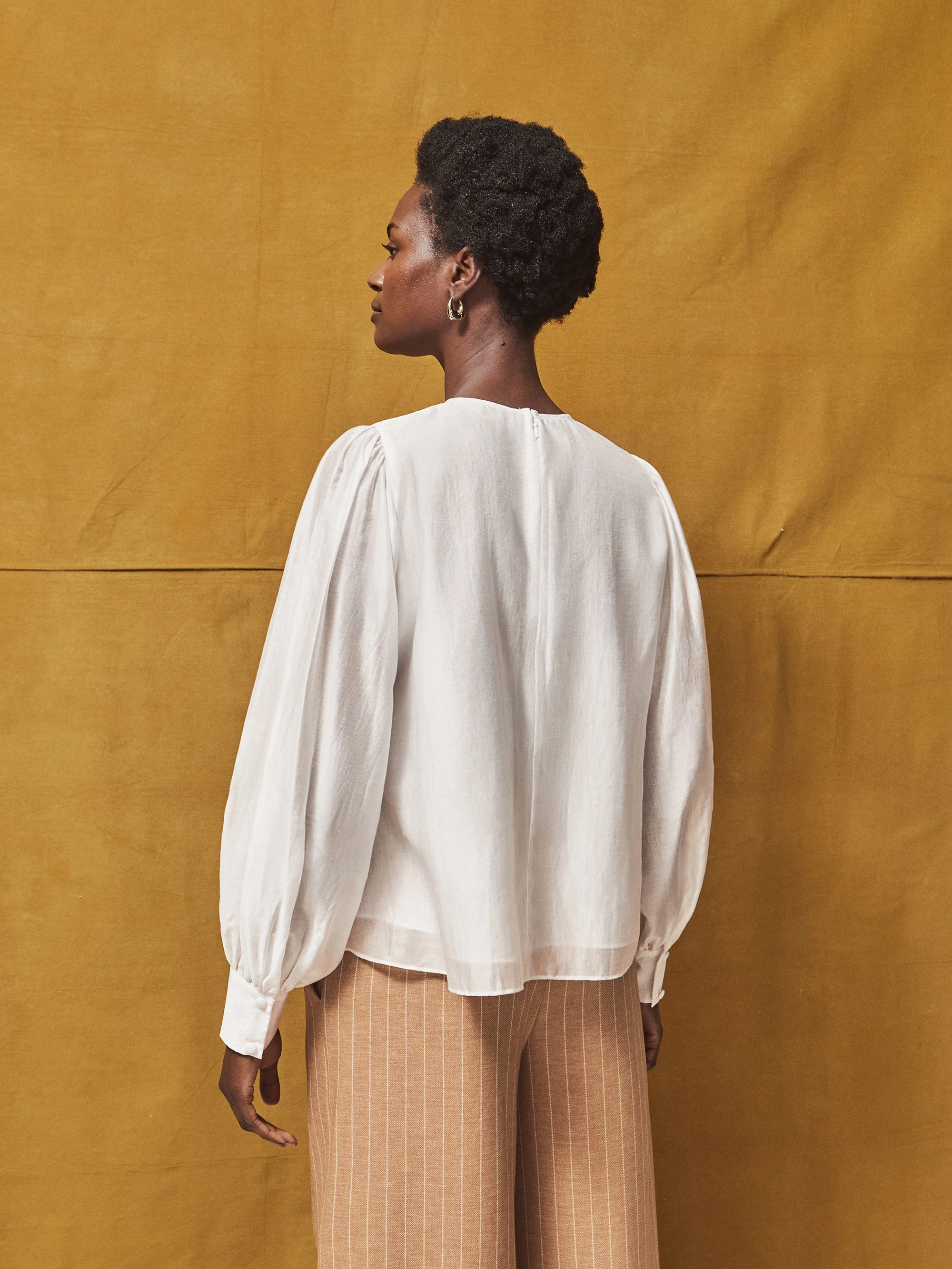 White Gathered Button-Cuff Blouse Comfortable Design Microfiber Technology