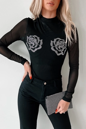 Elastic waist Eco Friendly Tall Fit Playing Hard To Forget Rhinestone Rosette Mesh Bodysuit (Black)