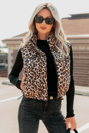 Wildest Dreams Leopard Print Puffer Vest (Camel) WaterRepellentFabric